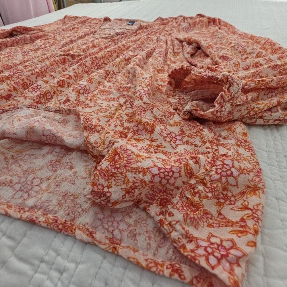 Old‎ Navy Puff Sleeve Tunic Blouse Womens XXL Orange Floral 3/4 Sleeve Bohemian